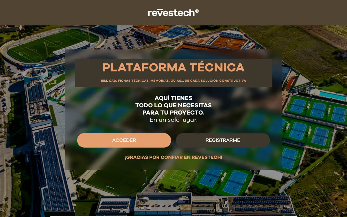 Portada de la plataforma técnica de Revestech para prescriptores: BIM, CAD, fichas técnicas, memorias y guías de cada solución constructiva